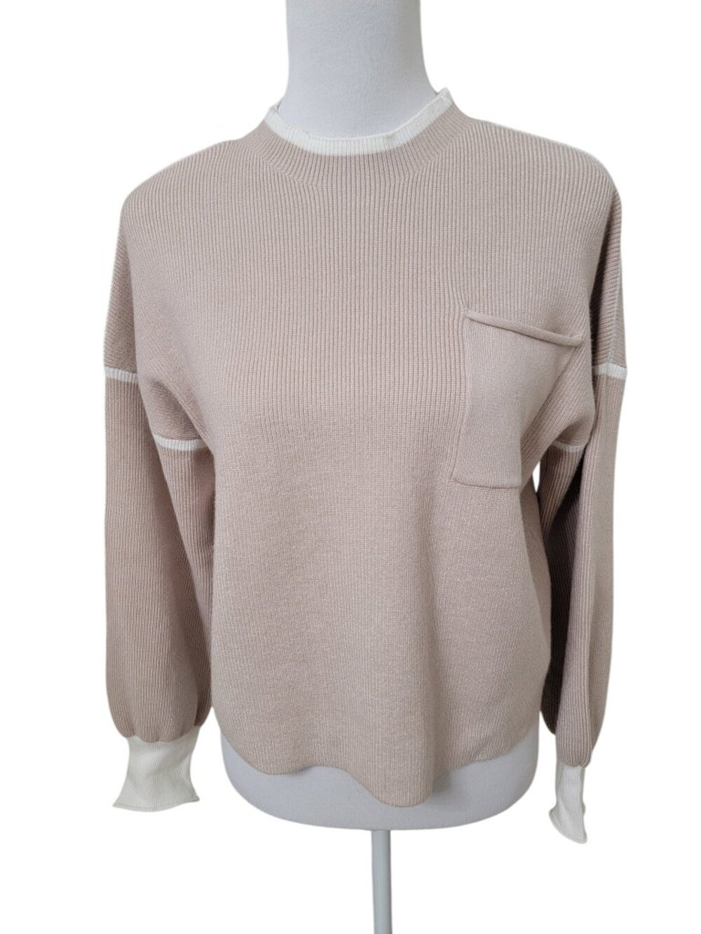 Beige with Ivory Trim Size S Ribbed Knit High-Crewneck Sweater